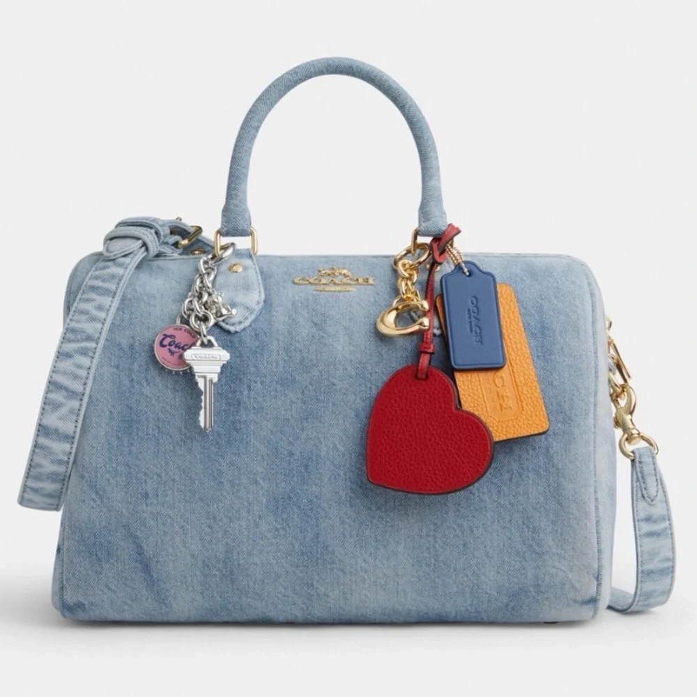 NWT Coach Rowan Large Satchel Bag In Loved Denim With Charms - Picture 2 of 15